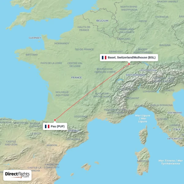 Pau - Basel, Switzerland/Mulhouse direct flight map