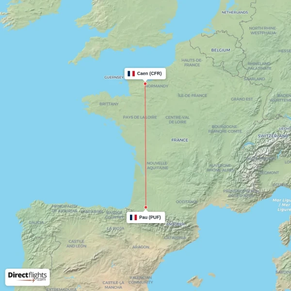 Pau - Caen direct flight map