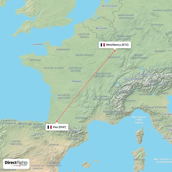 Pau - Metz/Nancy direct flight map