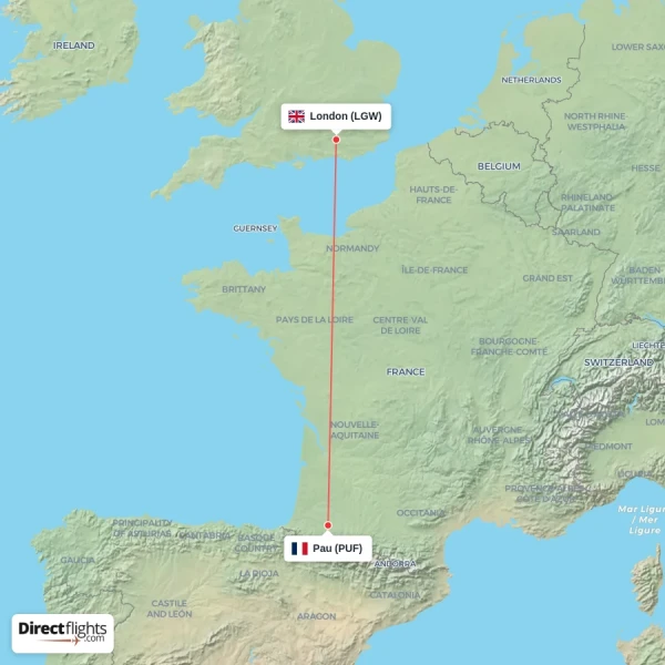 Pau - London direct flight map