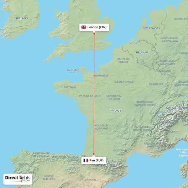 Pau - London direct flight map