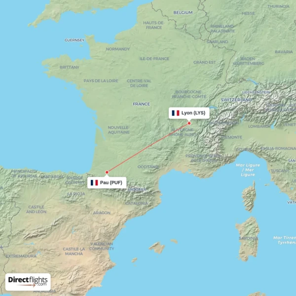 Pau - Lyon direct flight map