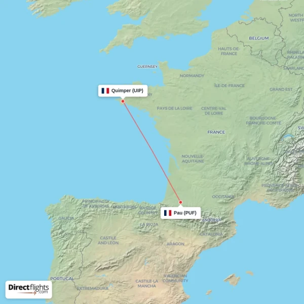 Pau - Quimper direct flight map