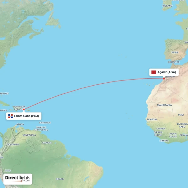 Punta Cana - Agadir direct flight map