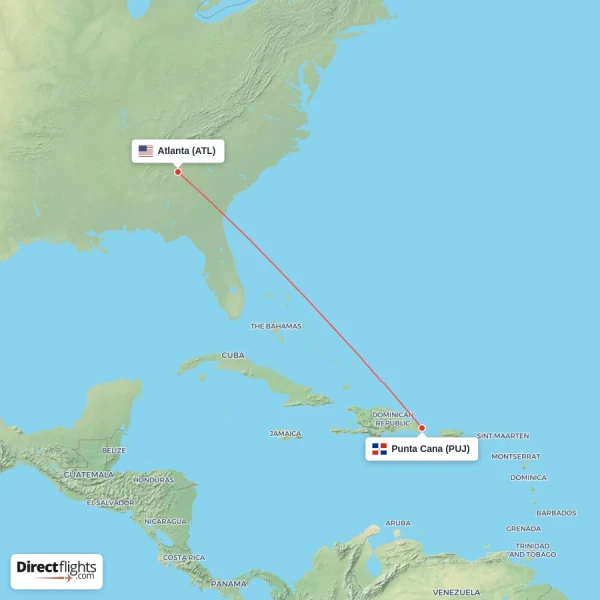 Punta Cana - Atlanta direct flight map