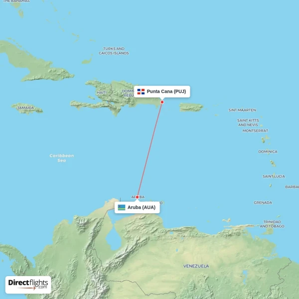 Punta Cana - Aruba direct flight map