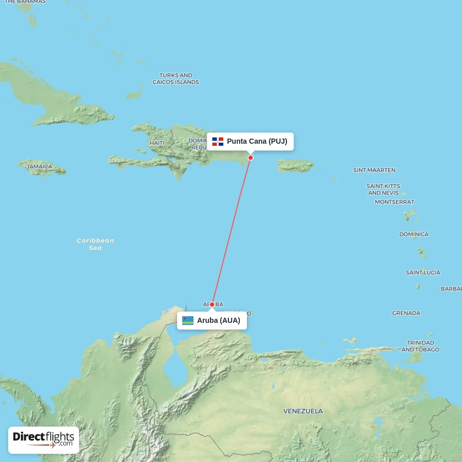 PUJ - AUA route map