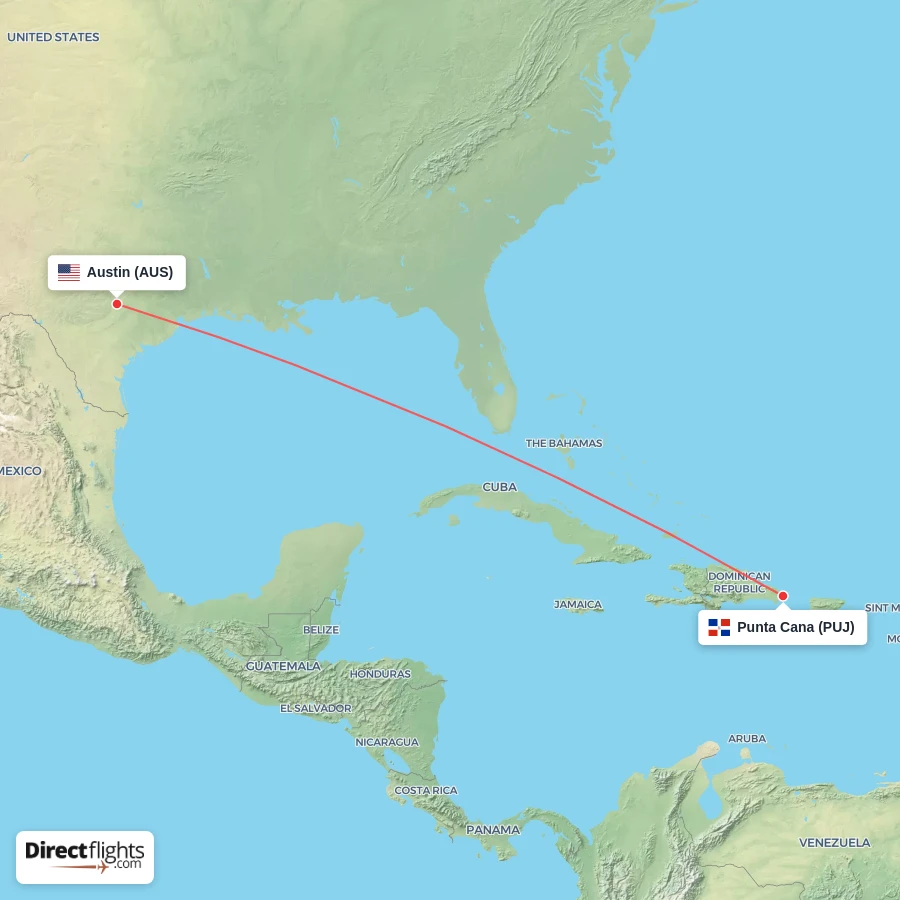 PUJ - AUS route map