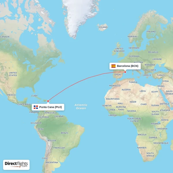 Punta Cana - Barcelona direct flight map
