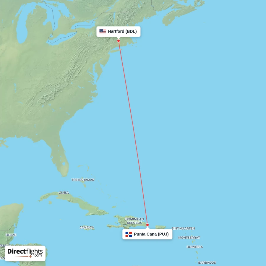 PUJ - BDL route map