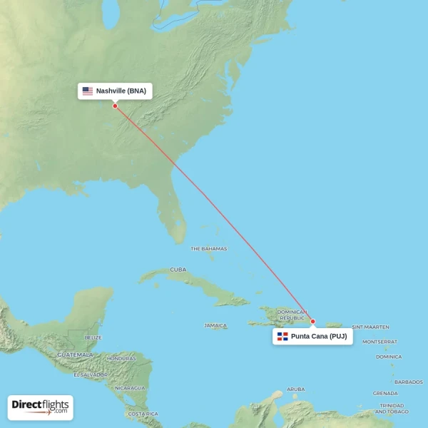 Punta Cana - Nashville direct flight map