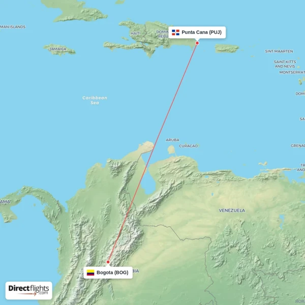 Punta Cana - Bogota direct flight map