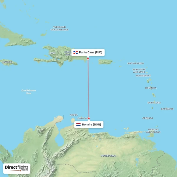 Punta Cana - Bonaire direct flight map