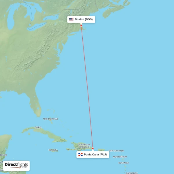 Punta Cana - Boston direct flight map