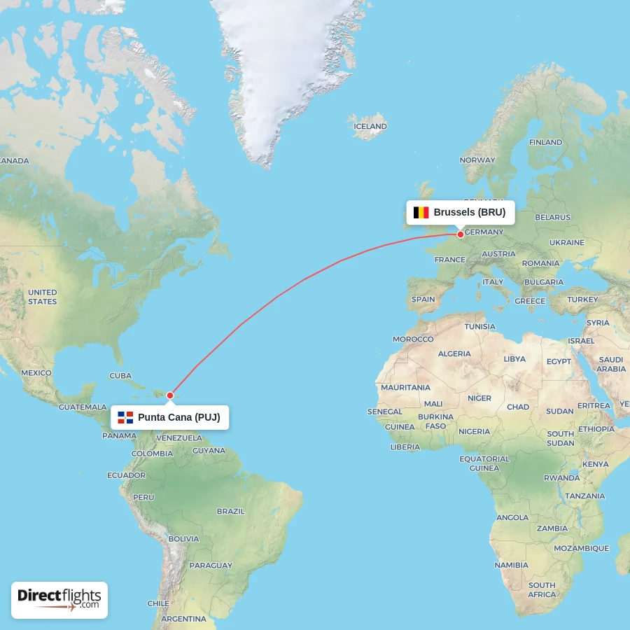 PUJ - BRU route map