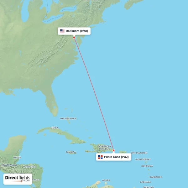 Punta Cana - Baltimore direct flight map