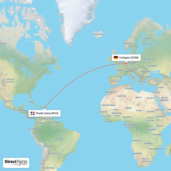 Punta Cana - Cologne direct flight map