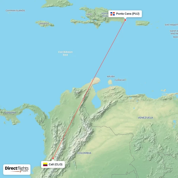 Punta Cana - Cali direct flight map