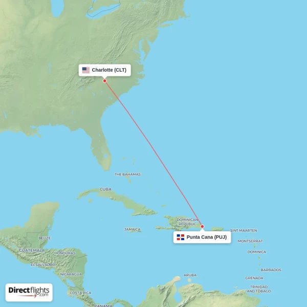 Punta Cana - Charlotte direct flight map