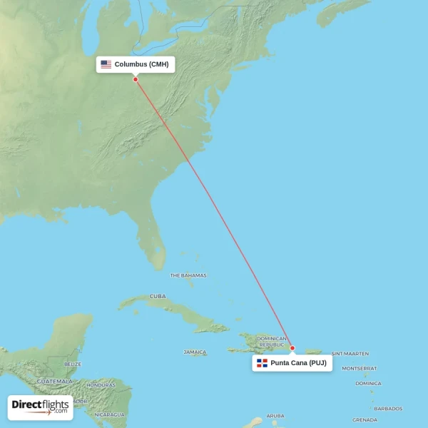 Punta Cana - Columbus direct flight map