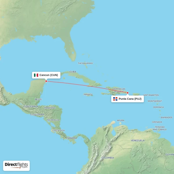 Punta Cana - Cancun direct flight map