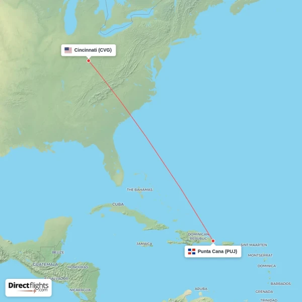 Punta Cana - Cincinnati direct flight map