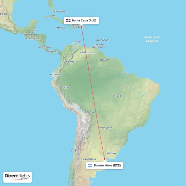 Punta Cana - Buenos Aires direct flight map
