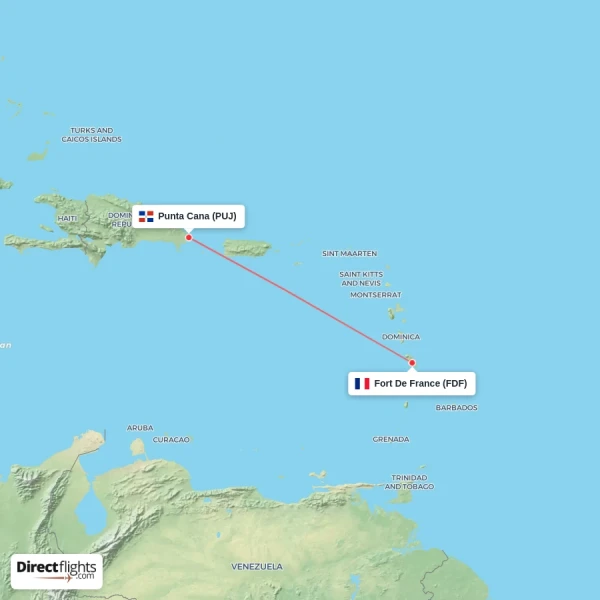 Punta Cana - Fort De France direct flight map