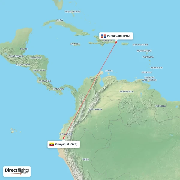 Punta Cana - Guayaquil direct flight map