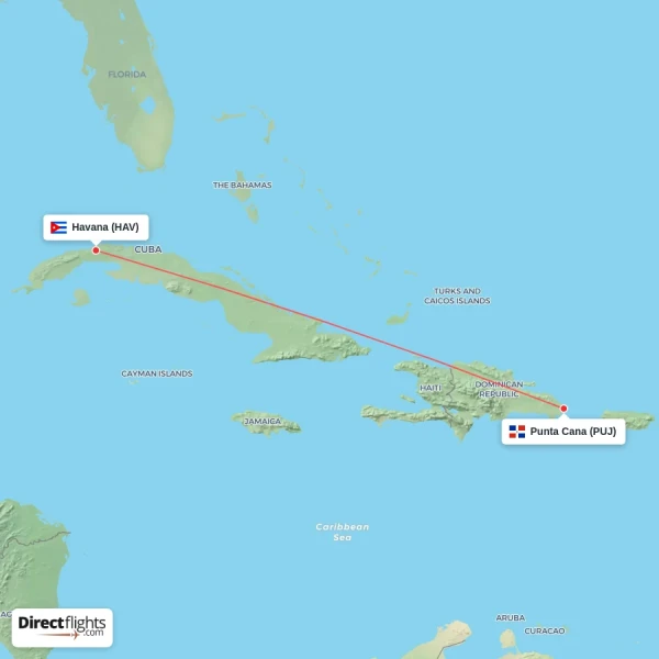 Punta Cana - Havana direct flight map