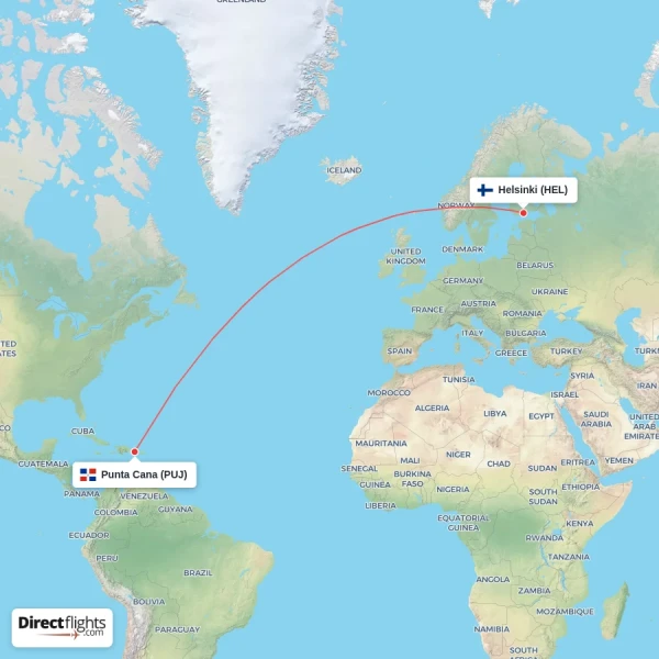 Punta Cana - Helsinki direct flight map