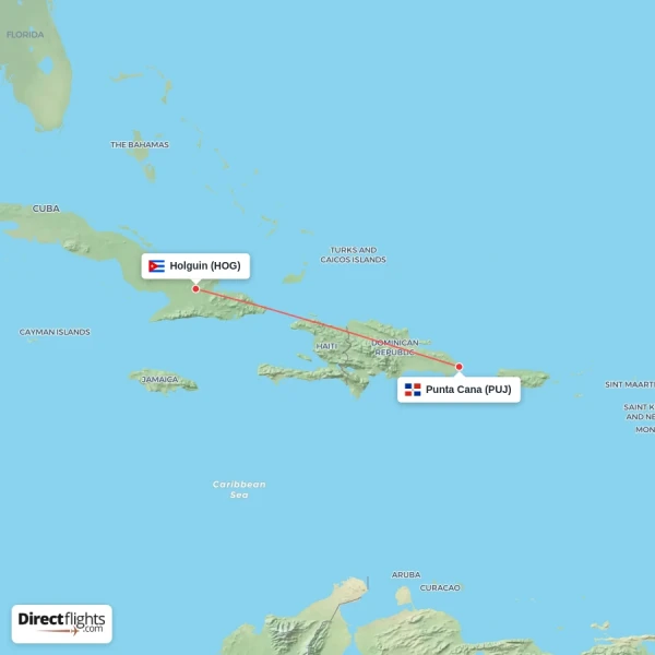 Punta Cana - Holguin direct flight map