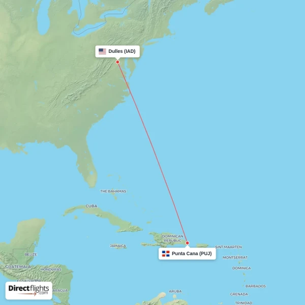 Punta Cana - Dulles direct flight map