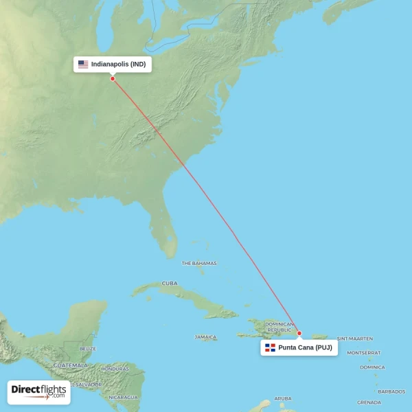 Punta Cana - Indianapolis direct flight map