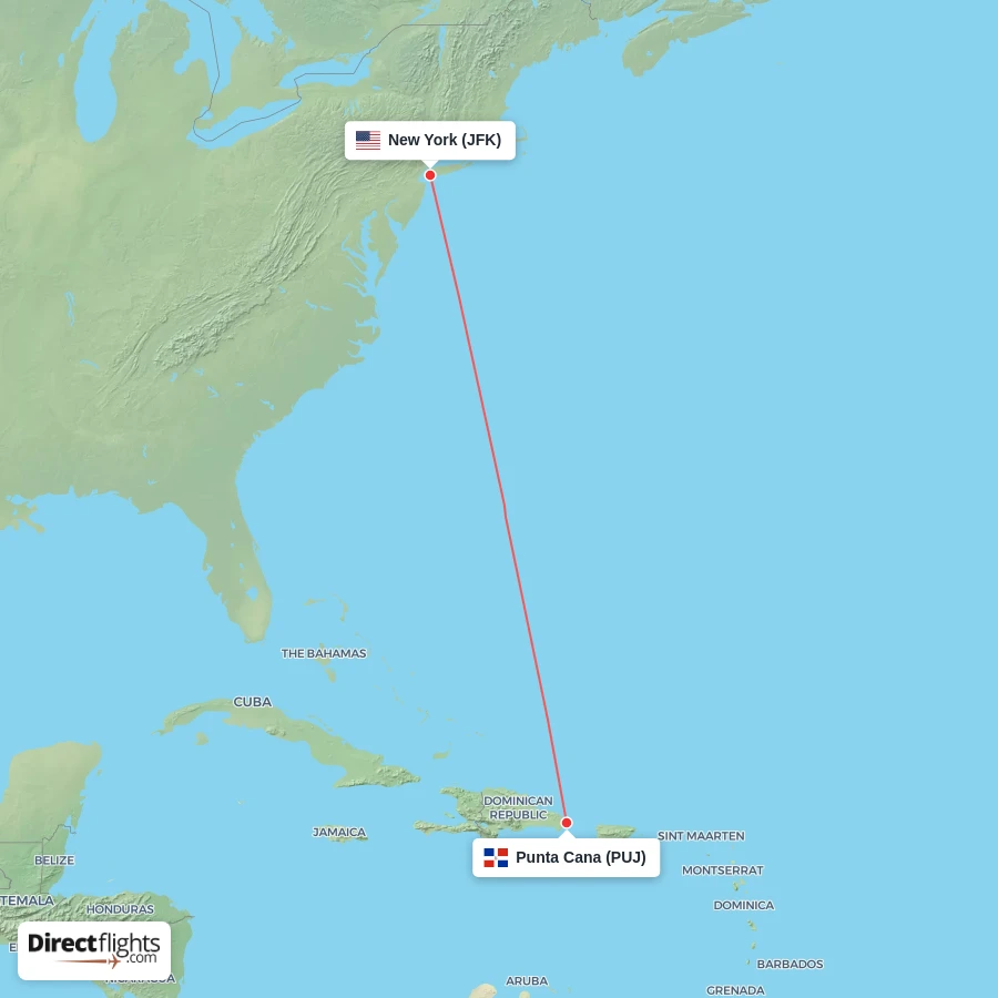 PUJ - JFK route map
