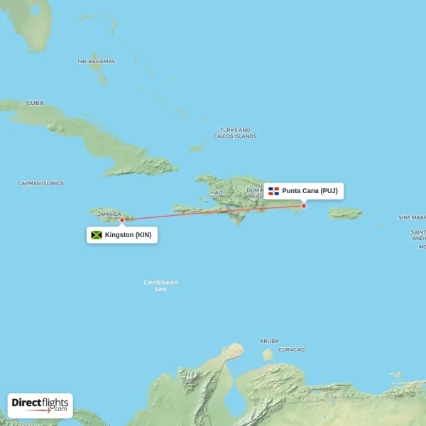 Punta Cana - Kingston direct flight map