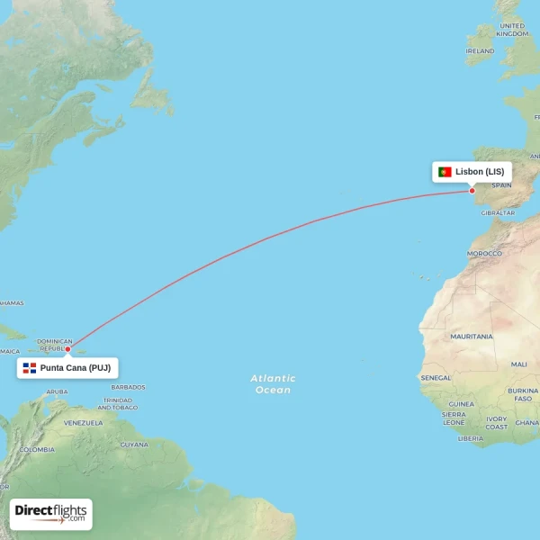 Punta Cana - Lisbon direct flight map