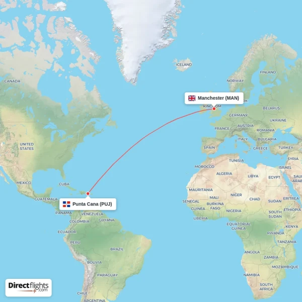 Punta Cana - Manchester direct flight map