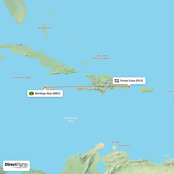 Punta Cana - Montego Bay direct flight map