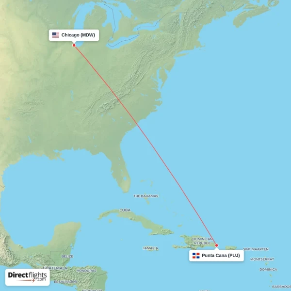Punta Cana - Chicago direct flight map