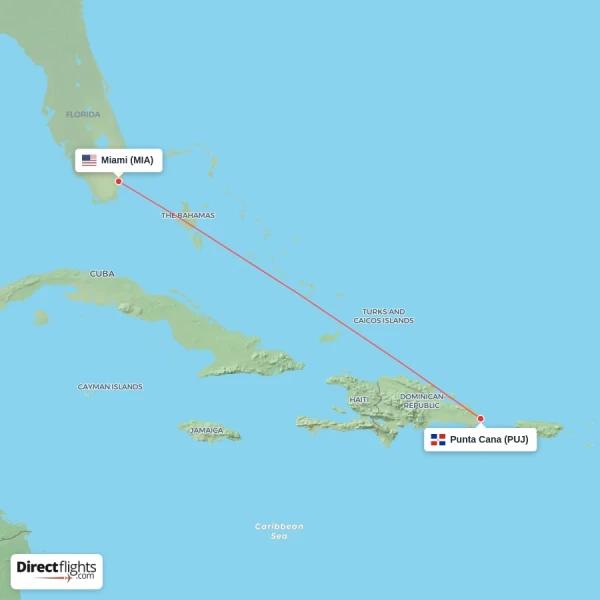 Punta Cana - Miami direct flight map