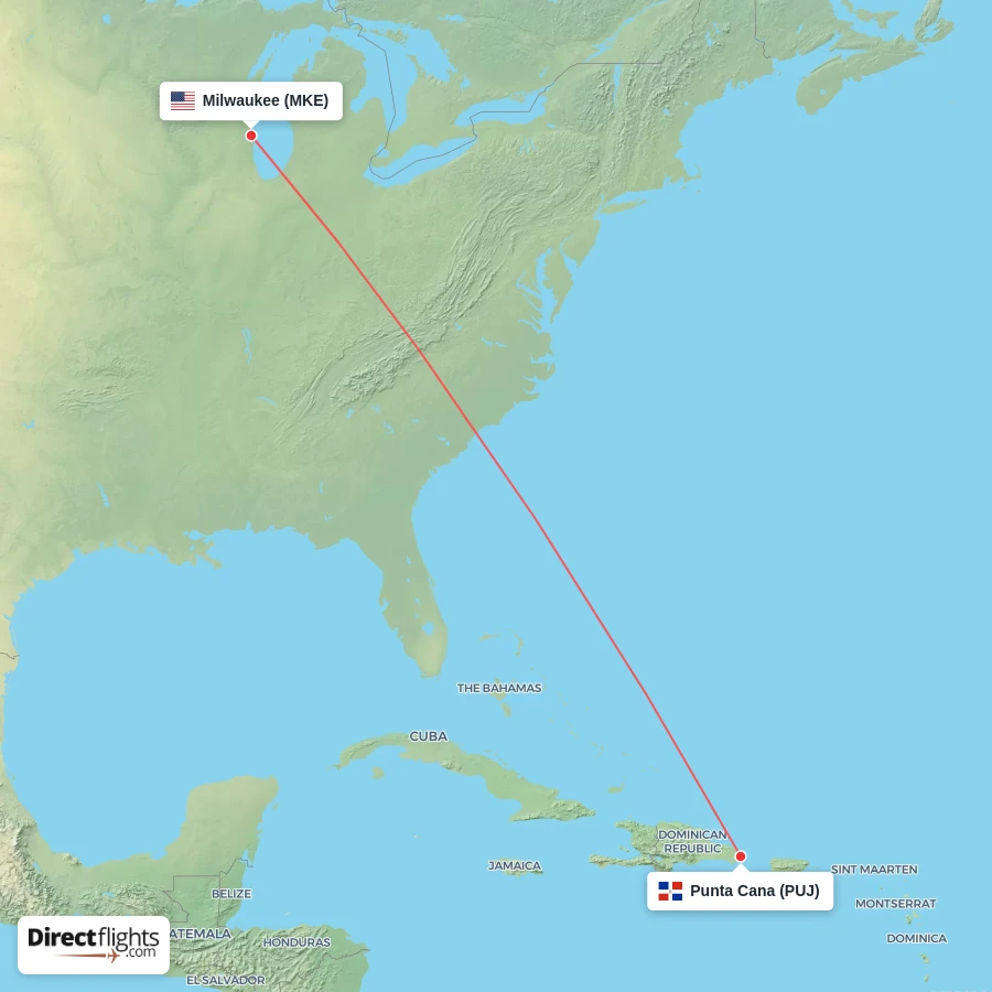PUJ - MKE route map
