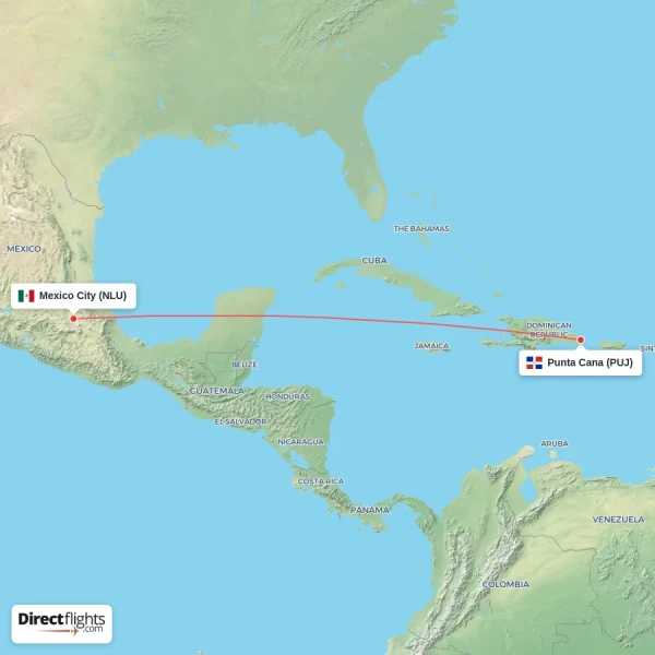 Punta Cana - Mexico City direct flight map
