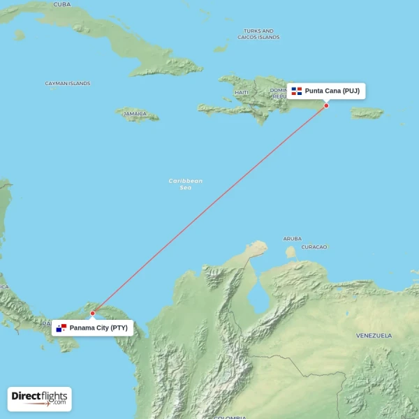 Punta Cana - Panama City direct flight map