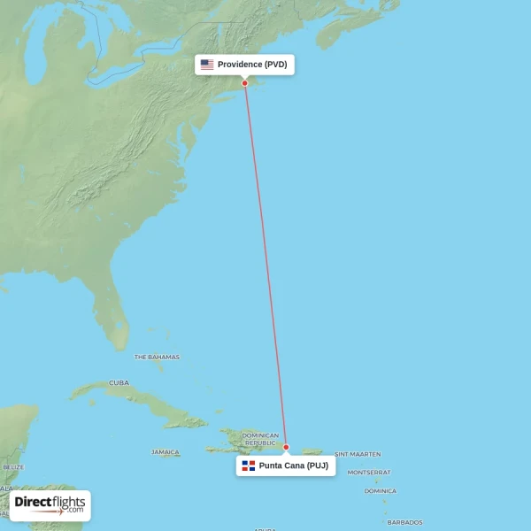 Punta Cana - Providence direct flight map