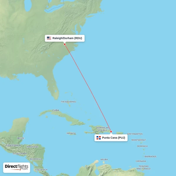 Punta Cana - Raleigh/Durham direct flight map