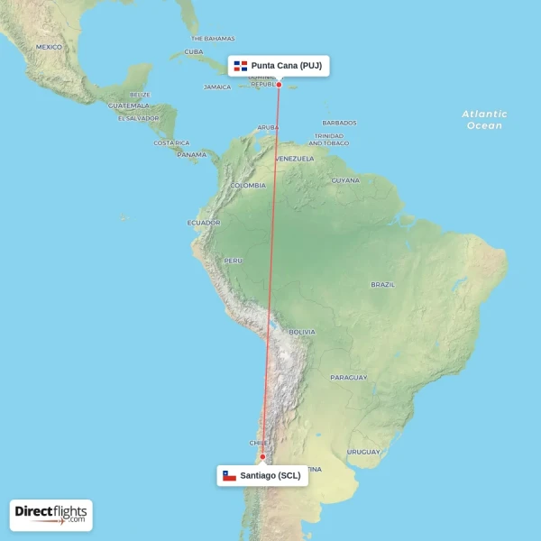 Punta Cana - Santiago direct flight map