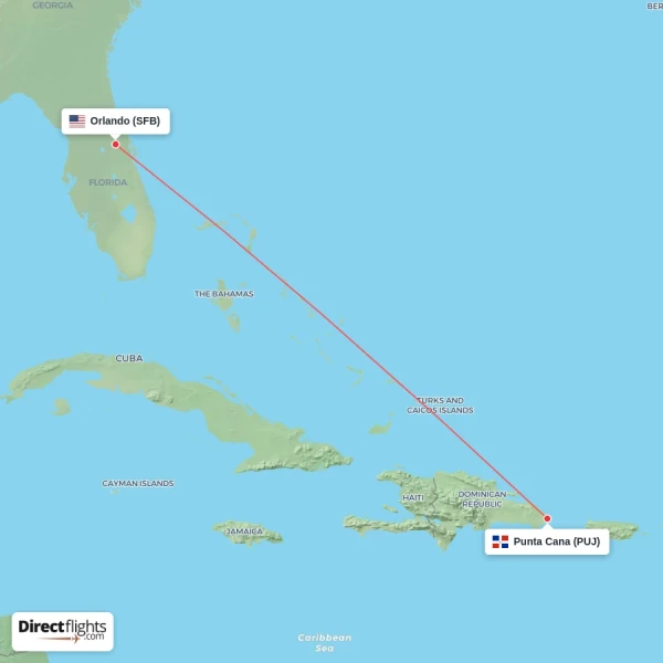 Punta Cana - Orlando direct flight map