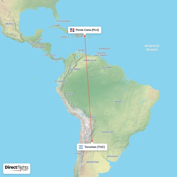 Punta Cana - Tucuman direct flight map