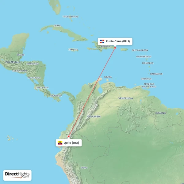Punta Cana - Quito direct flight map